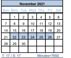 District School Academic Calendar for Sweeny Junior High for November 2021