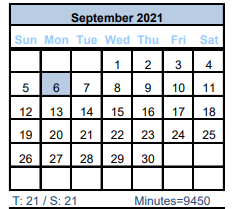 District School Academic Calendar for Sweeny Elementary for September 2021