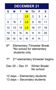 District School Academic Calendar for Tcc Fresh Start for December 2021
