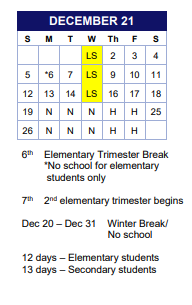 District School Academic Calendar for Comm Based Trans Program for December 2021