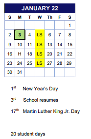 District School Academic Calendar for Stewart for January 2022