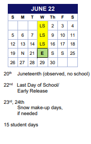 District School Academic Calendar for Tcc Fresh Start for June 2022