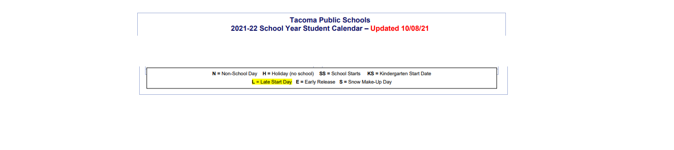 District School Academic Calendar Key for Comm Based Trans Program