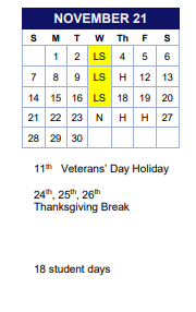 District School Academic Calendar for Transition High School for November 2021