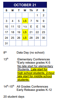 District School Academic Calendar for Downing for October 2021