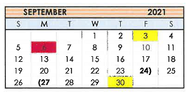 District School Academic Calendar for Tahoka Elementary for September 2021