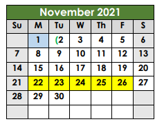 District School Academic Calendar for Lott Juvenile Detention Center for November 2021