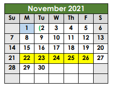 District School Academic Calendar for Taylor High School for November 2021