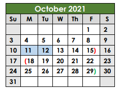 District School Academic Calendar for Williamson Co Jjaep for October 2021