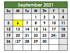 District School Academic Calendar for Taylor Alter Ctr for September 2021