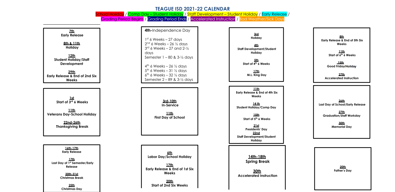 District School Academic Calendar Key for Teague Intermediate