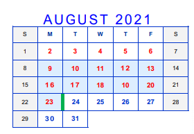District School Academic Calendar for Bell County Nursing & Rehab Center for August 2021