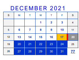District School Academic Calendar for Bell County Nursing & Rehab Center for December 2021