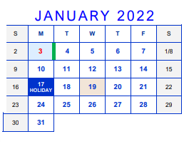 District School Academic Calendar for Wheatley Alternative Education Cen for January 2022