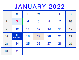 District School Academic Calendar for Bell County Nursing & Rehab Center for January 2022