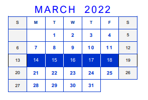 District School Academic Calendar for Bell County Nursing & Rehab Center for March 2022