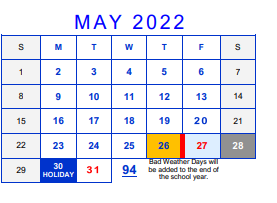 District School Academic Calendar for Bell County Nursing & Rehab Center for May 2022