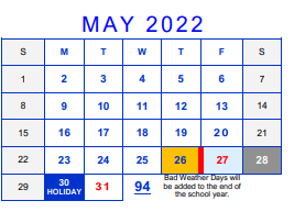 District School Academic Calendar for Cater Elementary for May 2022