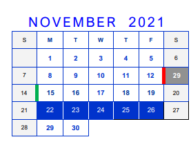 District School Academic Calendar for Bell County Nursing & Rehab Center for November 2021