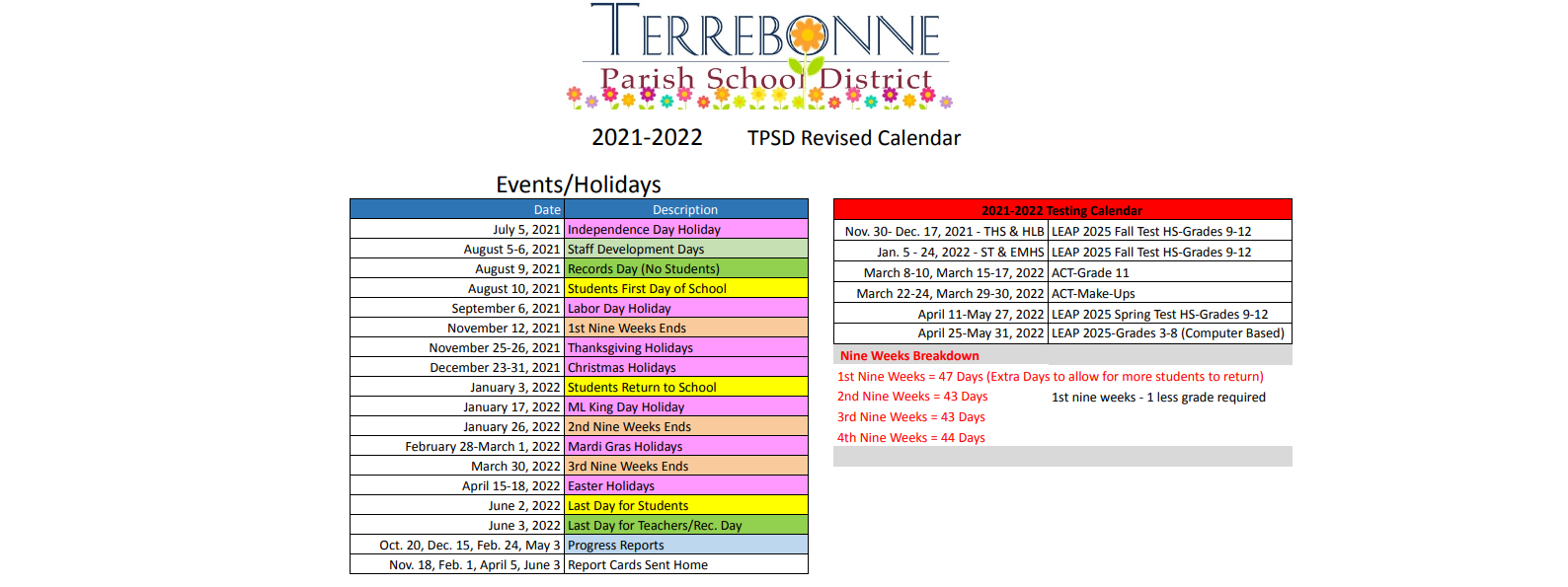 District School Academic Calendar Key for Upper Little Caillou Elementary School