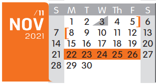 District School Academic Calendar for Options for November 2021