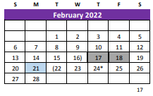 District School Academic Calendar for Williamson Co J J A E P for February 2022