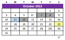 District School Academic Calendar for Williamson Co J J A E P for October 2021