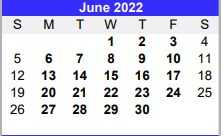 District School Academic Calendar for Markham Elementary for June 2022
