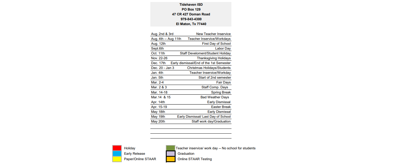 District School Academic Calendar Key for Tidehaven High School