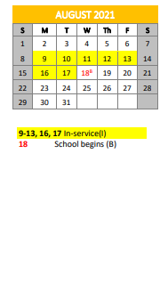 District School Academic Calendar for Timpson Elementary for August 2021