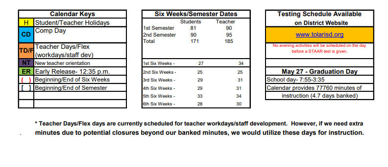 District School Academic Calendar Key for Tolar Elementary