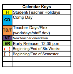 District School Academic Calendar Legend for Tolar Elementary