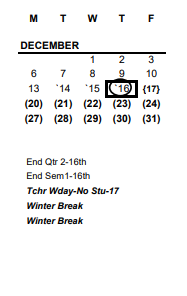 District School Academic Calendar for Woodward High School for December 2021