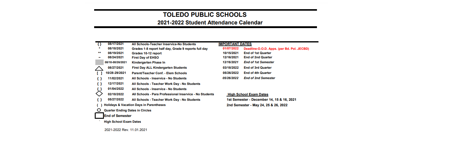 District School Academic Calendar Key for Washington Elementary School