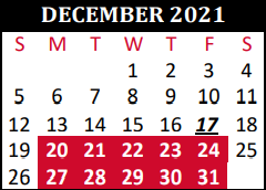 District School Academic Calendar for Willow Creek Elementary for December 2021