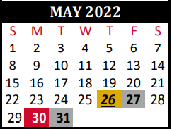 District School Academic Calendar for Tomball J J A E P Campus for May 2022