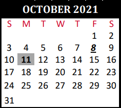 District School Academic Calendar for Tomball J J A E P Campus for October 2021