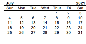 District School Academic Calendar for Trinity High School for July 2021