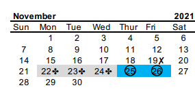 District School Academic Calendar for Trinity High School for November 2021