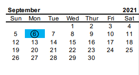 District School Academic Calendar for Trinity High School for September 2021