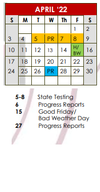 District School Academic Calendar for Smith County Jjaep for April 2022