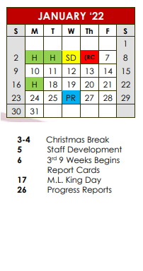 District School Academic Calendar for Troup High School for January 2022