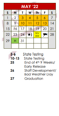 District School Academic Calendar for Smith County Jjaep for May 2022