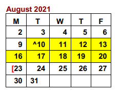 District School Academic Calendar for Troy J J A E P for August 2021