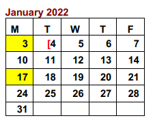District School Academic Calendar for Troy J J A E P for January 2022