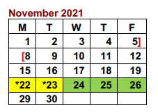 District School Academic Calendar for Troy J J A E P for November 2021