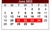 District School Academic Calendar for W V Swinburn Elementary for June 2022