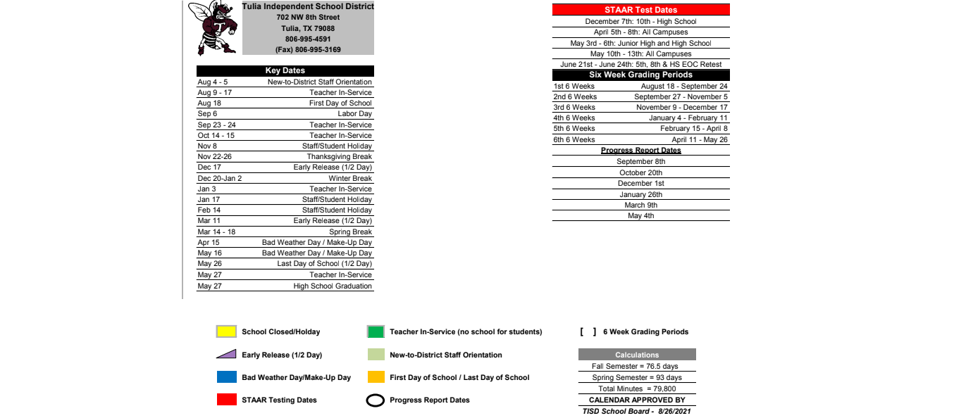 District School Academic Calendar Key for Tulia Junior High