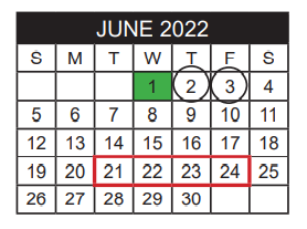 District School Academic Calendar for Jim Plyler Instructional Complex for June 2022
