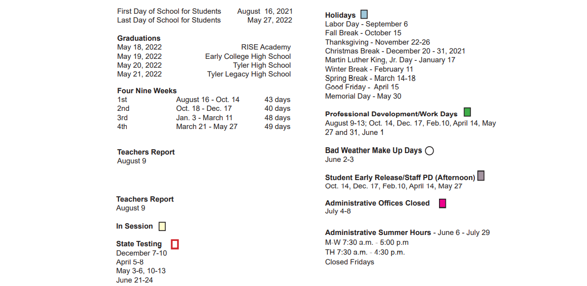 District School Academic Calendar Key for Peete Elementary